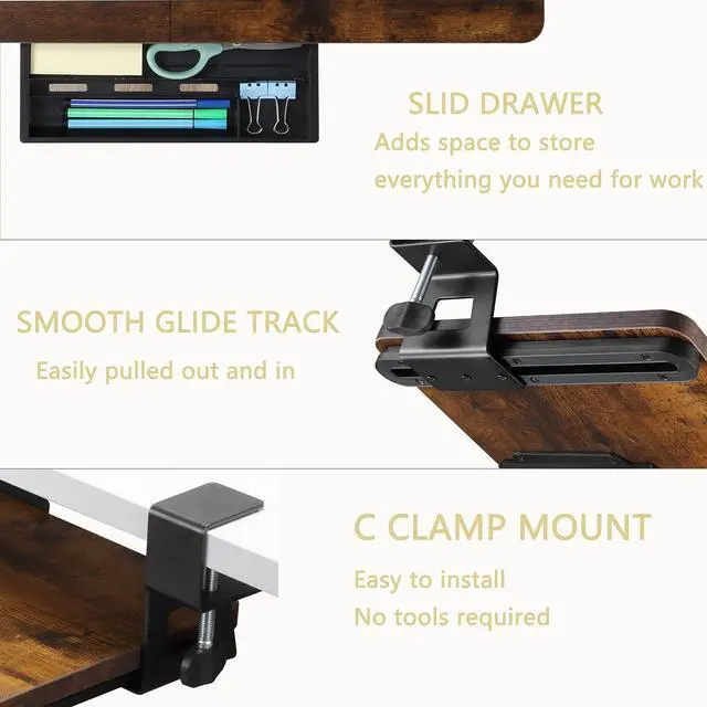 Alt view image 10 of 14 - Keyboard Tray Under Desk, 19.7" X 11.81" Small Size Keyboard Drawer with C Clamp-on Mount Easy to Install, Computer Keyboard Stand Slide Pull Out, Ergonomic Keyboard Tray for Home, Office