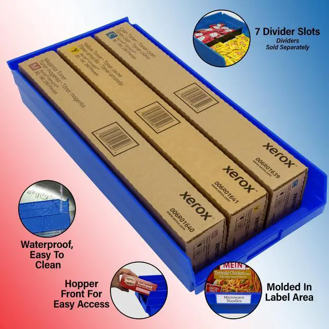 Alt view image 10 of 14 - 30174 Plastic Shelf Bins, Heavy Duty Storage Bins for Garage, Closet, and Drawer Organization, 24-Inch x 11-Inch x 4-Inch, Blue, 6-Pack
