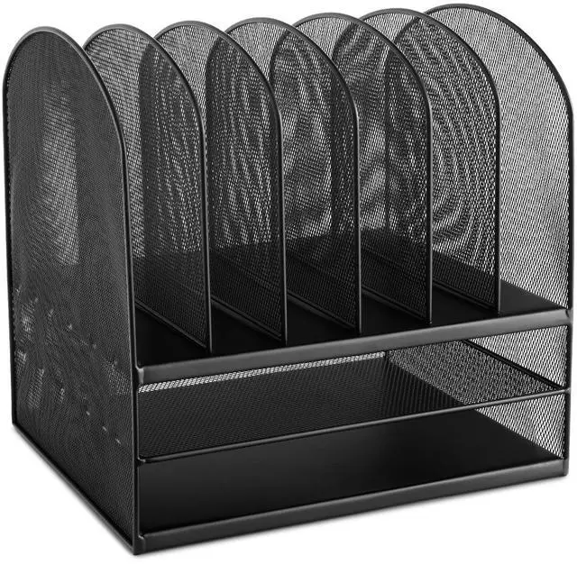 Alt view image 8 of 14 - Onyx Desk Organizer, 6 Vertical Compartments and 2 Trays, Office and Classroom Mailbox, Paper and Mail Sorter, Steel Mesh, Black
