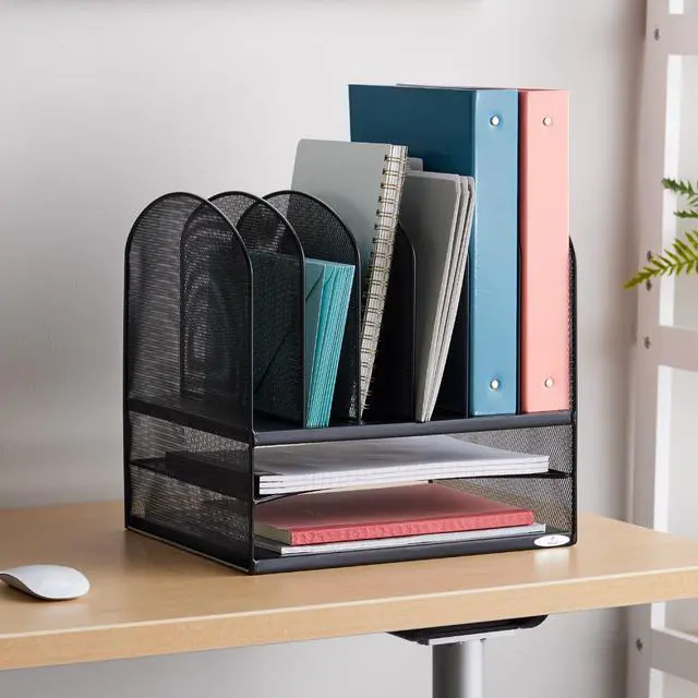 Alt view image 10 of 14 - Onyx Desk Organizer, 6 Vertical Compartments and 2 Trays, Office and Classroom Mailbox, Paper and Mail Sorter, Steel Mesh, Black