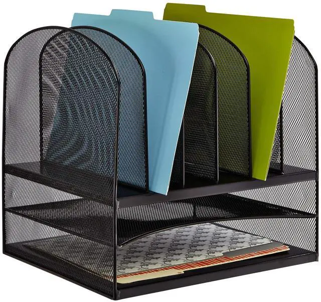 Alt view image 9 of 14 - Onyx Desk Organizer, 6 Vertical Compartments and 2 Trays, Office and Classroom Mailbox, Paper and Mail Sorter, Steel Mesh, Black