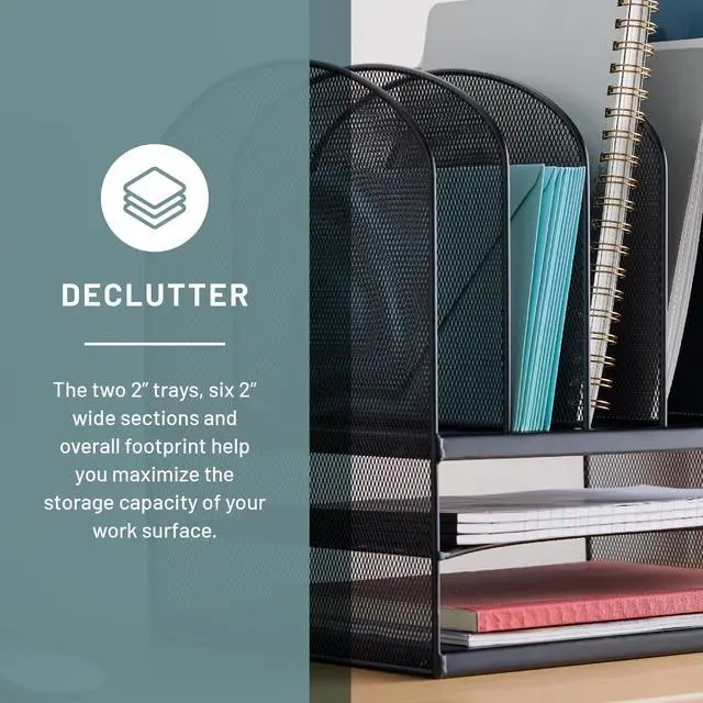 Alt view image 11 of 14 - Onyx Desk Organizer, 6 Vertical Compartments and 2 Trays, Office and Classroom Mailbox, Paper and Mail Sorter, Steel Mesh, Black