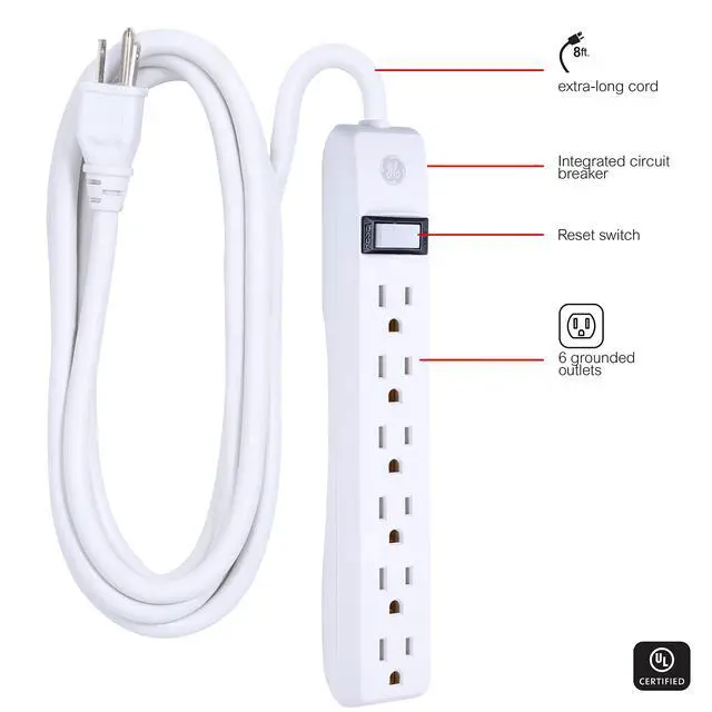 Alt view image 9 of 14 - Power Strip, 6 Outlet Extender, 8 Ft Long Extension Cord | Multiple Outlets, Wall Mount, On Off Switch, Home Office Dorm Essentials, ETL Safety Listed, White, 67122