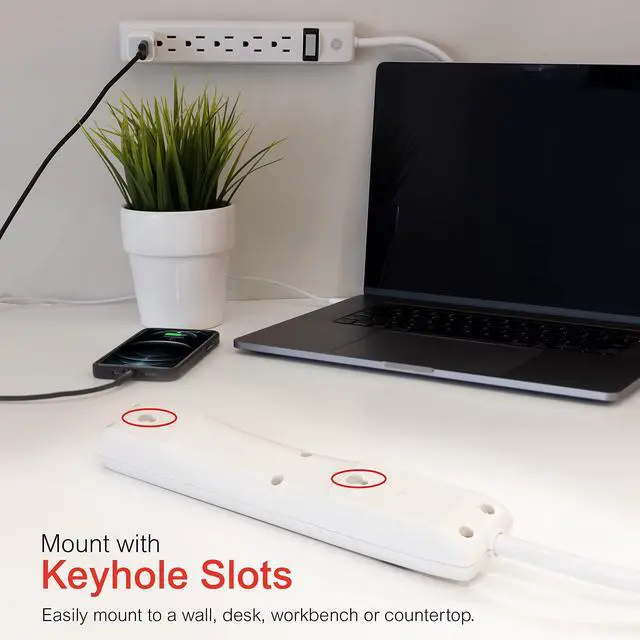 Alt view image 12 of 14 - Power Strip, 6 Outlet Extender, 8 Ft Long Extension Cord | Multiple Outlets, Wall Mount, On Off Switch, Home Office Dorm Essentials, ETL Safety Listed, White, 67122