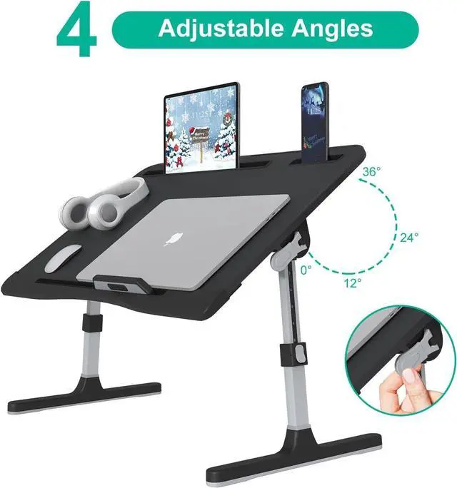 Alt view image 9 of 12 - Laptop Bed Tray Desk with Adjustable Height & Angle, No Drawer, Black | Foldable PVC Leather Desktop Laptop Lap Desk for Bed/Sofa/Couch/Floor