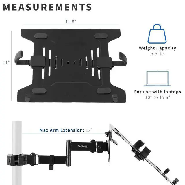 Alt view image 9 of 14 - Steel Universal Full Motion Pole Mount Laptop Holder Arm with Removable 75mm and 100mm VESA Plate, Fits 10 to 15.6 inch Laptops, Black, MOUNT-PL1A-LAP3