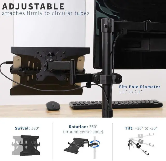 Alt view image 10 of 14 - Steel Universal Full Motion Pole Mount Laptop Holder Arm with Removable 75mm and 100mm VESA Plate, Fits 10 to 15.6 inch Laptops, Black, MOUNT-PL1A-LAP3
