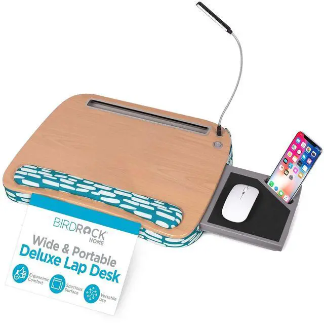 Alt view image 8 of 14 - Deluxe Lap Desk with Pillow Cushion and Wrist Rest - Padded Laptop Desk for Bed, USB Light and Mouse Pad, With Reading Light, Soft Table for Home, Fits Laptops Up to 15" - Teal and Brown