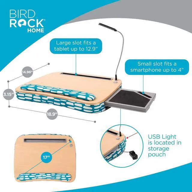 Alt view image 9 of 14 - Deluxe Lap Desk with Pillow Cushion and Wrist Rest - Padded Laptop Desk for Bed, USB Light and Mouse Pad, With Reading Light, Soft Table for Home, Fits Laptops Up to 15" - Teal and Brown