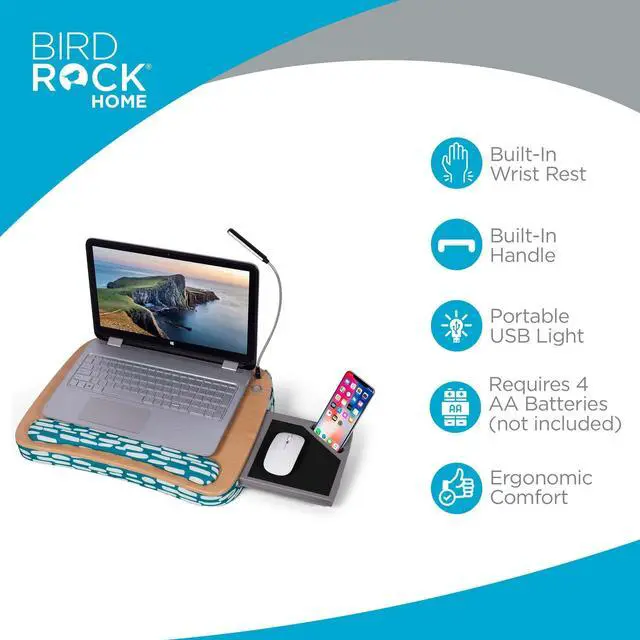 Alt view image 10 of 14 - Deluxe Lap Desk with Pillow Cushion and Wrist Rest - Padded Laptop Desk for Bed, USB Light and Mouse Pad, With Reading Light, Soft Table for Home, Fits Laptops Up to 15" - Teal and Brown