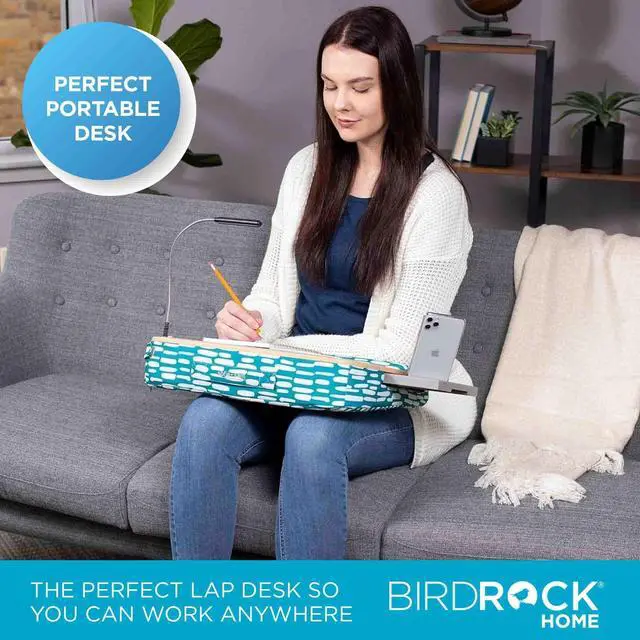 Alt view image 12 of 14 - Deluxe Lap Desk with Pillow Cushion and Wrist Rest - Padded Laptop Desk for Bed, USB Light and Mouse Pad, With Reading Light, Soft Table for Home, Fits Laptops Up to 15" - Teal and Brown