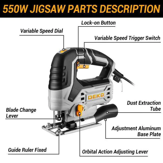 Alt view image 14 of 14 - Jig Saw Corded: Electric Jigsaw Tool Power Jig Saws for Woodworking, Wood Cutter Hand Tool with 6 Variable Speed, 4 Orbital Settings, ±45° Bevel Cutting, Tool-less Blade Quick Release