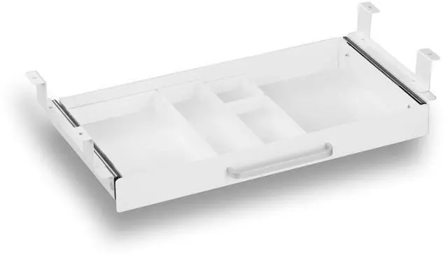 Alt view image 8 of 14 - Under Desk Drawer White 21" with 4 Divider Trays, Under Shelf Pencil Drawer Pull-out, Standing Desk Metal Storage Attachment Slide Out for Workbench