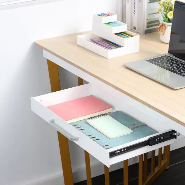 Alt view image 9 of 14 - Under Desk Drawer White 21" with 4 Divider Trays, Under Shelf Pencil Drawer Pull-out, Standing Desk Metal Storage Attachment Slide Out for Workbench