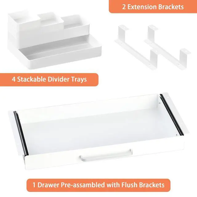Alt view image 10 of 14 - Under Desk Drawer White 21" with 4 Divider Trays, Under Shelf Pencil Drawer Pull-out, Standing Desk Metal Storage Attachment Slide Out for Workbench