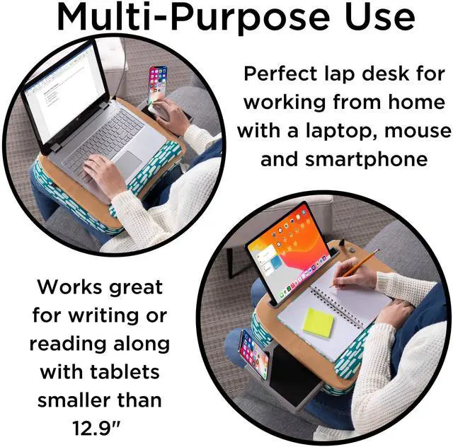Alt view image 13 of 14 - Deluxe Lap Desk with Pillow Cushion and Wrist Rest - Padded Laptop Desk for Bed, USB Light and Mouse Pad, With Reading Light, Soft Table for Home, Fits Laptops Up to 15" - Teal and Brown