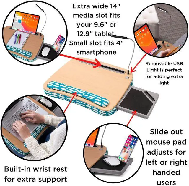 Alt view image 14 of 14 - Deluxe Lap Desk with Pillow Cushion and Wrist Rest - Padded Laptop Desk for Bed, USB Light and Mouse Pad, With Reading Light, Soft Table for Home, Fits Laptops Up to 15" - Teal and Brown