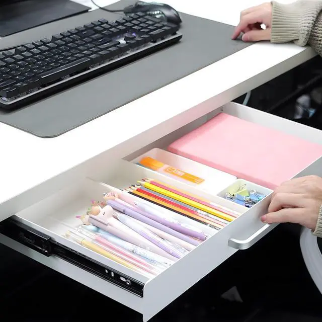 Alt view image 14 of 14 - Under Desk Drawer White 21" with 4 Divider Trays, Under Shelf Pencil Drawer Pull-out, Standing Desk Metal Storage Attachment Slide Out for Workbench