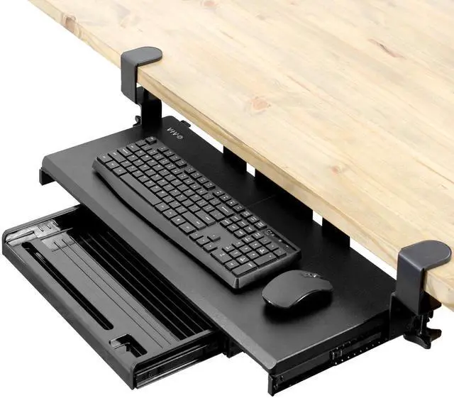 Alt view image 8 of 14 - Large Keyboard Tray Under Desk Pull Out Platform with Pencil Drawer, Extra Sturdy C Clamp Mount, 27 (33 Including Clamps) x 11 inch Slide-Out Tray with Storage Drawer, Black, MOUNT-KB05-4D