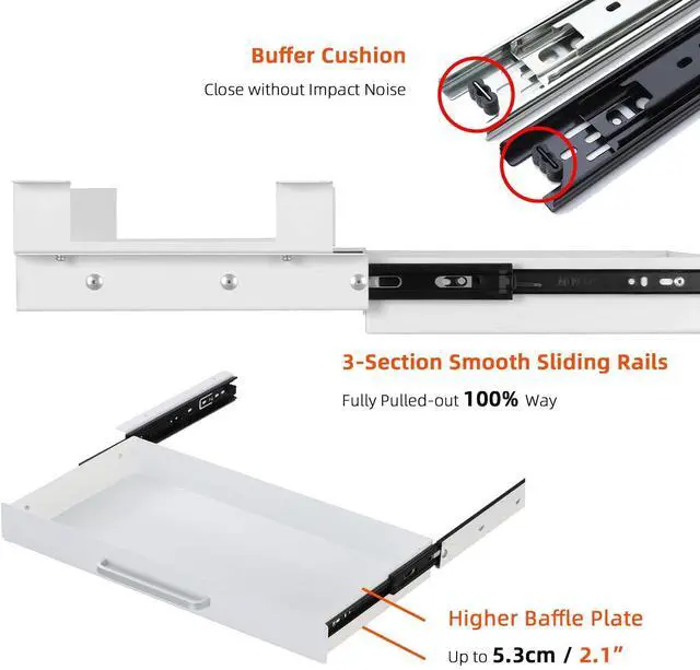 Alt view image 13 of 14 - Under Desk Drawer White 21" with 4 Divider Trays, Under Shelf Pencil Drawer Pull-out, Standing Desk Metal Storage Attachment Slide Out for Workbench