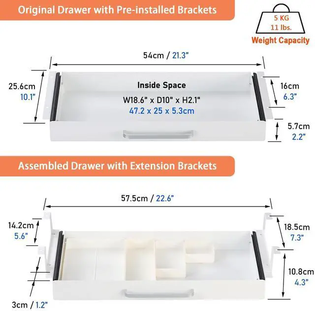 Alt view image 12 of 14 - Under Desk Drawer White 21" with 4 Divider Trays, Under Shelf Pencil Drawer Pull-out, Standing Desk Metal Storage Attachment Slide Out for Workbench