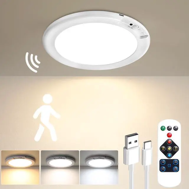 Alt view image 8 of 14 - Rechargeable Motion Sensor Ceiling Light with Remote - Magnetic Wireless Ceiling Light Battery Powered for Closet Shower Stairs Shed Hallway ect