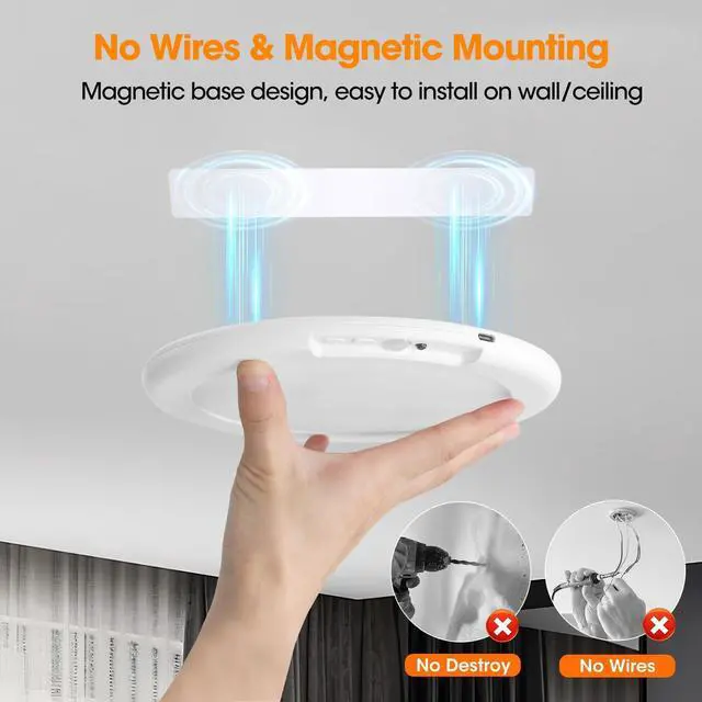 Alt view image 9 of 14 - Rechargeable Motion Sensor Ceiling Light with Remote - Magnetic Wireless Ceiling Light Battery Powered for Closet Shower Stairs Shed Hallway ect