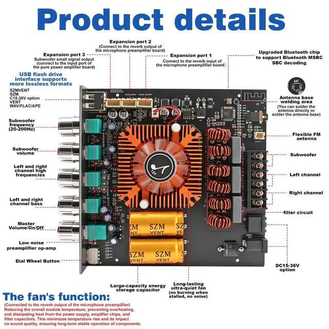 Alt view image 9 of 14 - 540W 2.1-Channel Mini Bluetooth Amplifier Board 160W×2 + 220W Subwoofer, with TWS, FM/USB/AUX, IR Remote, DC15-36V, Deep Bass for DIY Speakers & Home Audio