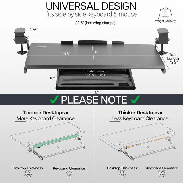 Alt view image 10 of 14 - Large Keyboard Tray Under Desk Pull Out Platform with Pencil Drawer, Extra Sturdy C Clamp Mount, 27 (33 Including Clamps) x 11 inch Slide-Out Tray with Storage Drawer, Black, MOUNT-KB05-4D