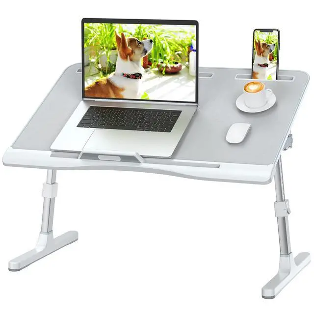 Alt view image 8 of 14 - Laptop Bed Tray Desk with Adjustable Height & Angle, No Drawer, Grey | Foldable PVC Leather Desktop Laptop Lap Desk for Bed/Sofa/Couch/Floor