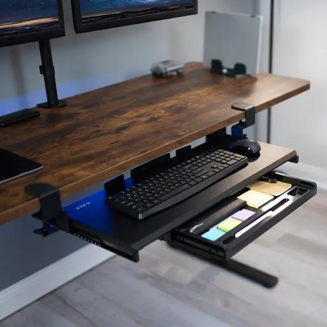Alt view image 9 of 14 - Large Keyboard Tray Under Desk Pull Out Platform with Pencil Drawer, Extra Sturdy C Clamp Mount, 27 (33 Including Clamps) x 11 inch Slide-Out Tray with Storage Drawer, Black, MOUNT-KB05-4D