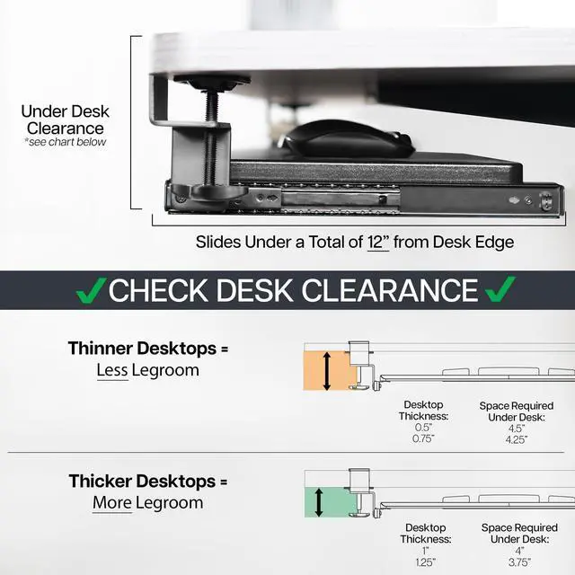 Alt view image 13 of 14 - Large Keyboard Tray Under Desk Pull Out Platform with Pencil Drawer, Extra Sturdy C Clamp Mount, 27 (33 Including Clamps) x 11 inch Slide-Out Tray with Storage Drawer, Black, MOUNT-KB05-4D
