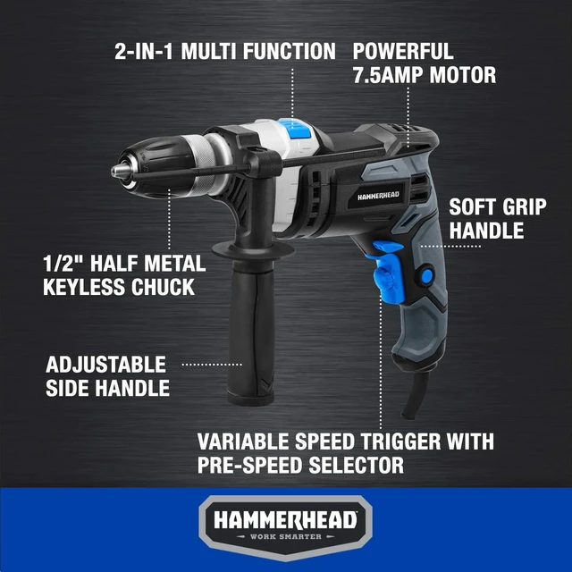 Alt view image 9 of 12 - 7.5-Amp 1/2 Inch Variable Speed Hammer Drill with 6pcs Bit - HAHD075