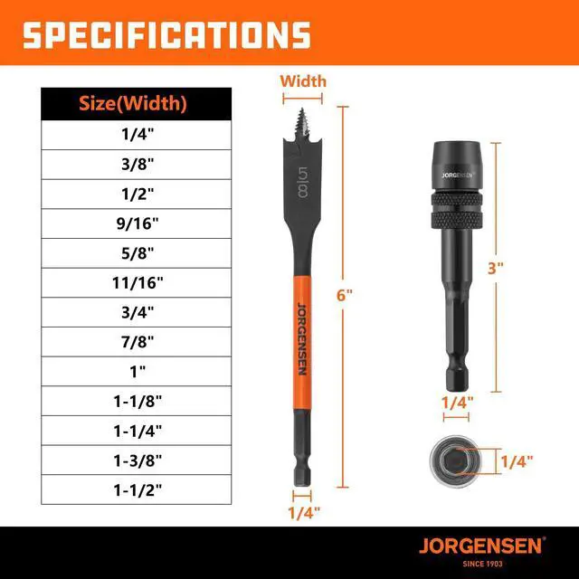 Alt view image 12 of 14 - 14-Piece Spade Drill Bit Set with Storage Pouch, 1/4" to 1-1/2" | Includes 13 Spade Drill Bits and One Quick-Load Connector, 1/4" Hex Shank, Carbon Steel Paddle Bits for Woodworking