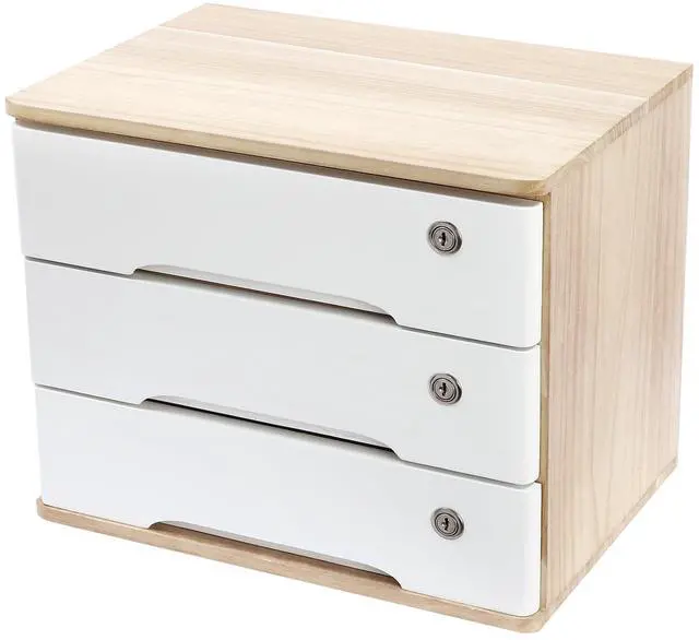 Alt view image 8 of 14 - Wood Desk Organizer with 3 Drawers, Lockable Desktop Countertop Storage Cabinet for Home Office Supplies File Tabletop Organizing Unit, 15.75" x 11.02" x 12.2" (Wood)