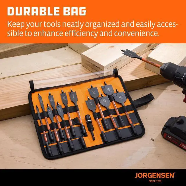 Alt view image 13 of 14 - 14-Piece Spade Drill Bit Set with Storage Pouch, 1/4" to 1-1/2" | Includes 13 Spade Drill Bits and One Quick-Load Connector, 1/4" Hex Shank, Carbon Steel Paddle Bits for Woodworking