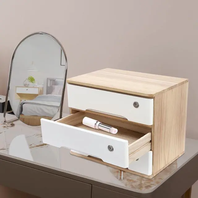 Alt view image 11 of 14 - Wood Desk Organizer with 3 Drawers, Lockable Desktop Countertop Storage Cabinet for Home Office Supplies File Tabletop Organizing Unit, 15.75" x 11.02" x 12.2" (Wood)
