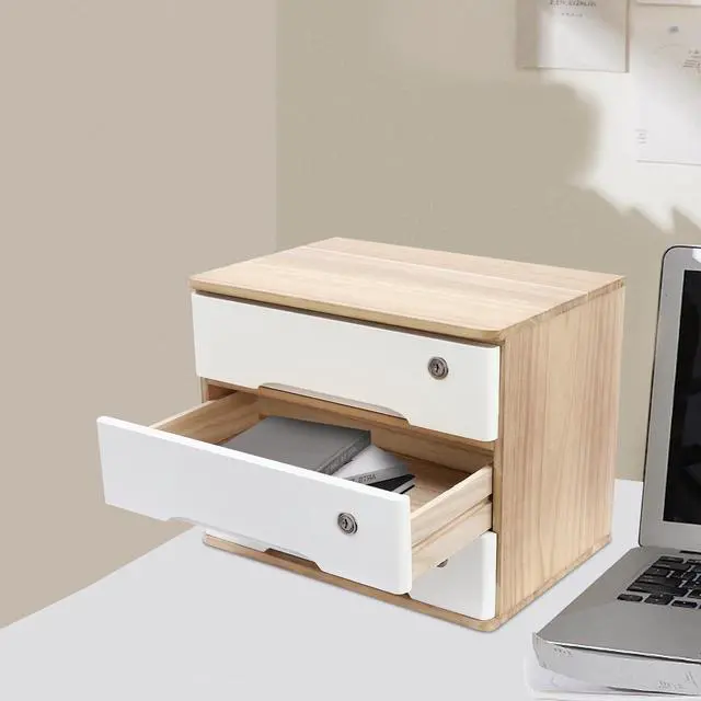 Alt view image 12 of 14 - Wood Desk Organizer with 3 Drawers, Lockable Desktop Countertop Storage Cabinet for Home Office Supplies File Tabletop Organizing Unit, 15.75" x 11.02" x 12.2" (Wood)
