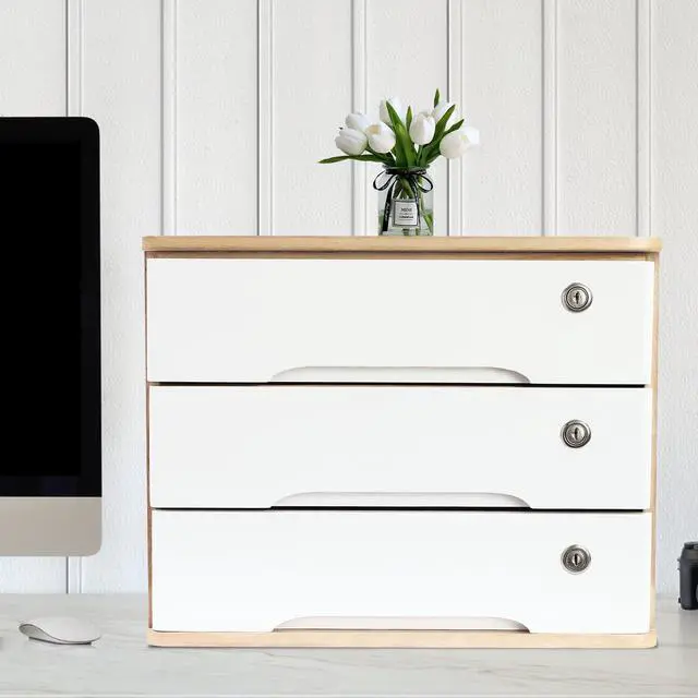 Alt view image 9 of 14 - Wood Desk Organizer with 3 Drawers, Lockable Desktop Countertop Storage Cabinet for Home Office Supplies File Tabletop Organizing Unit, 15.75" x 11.02" x 12.2" (Wood)