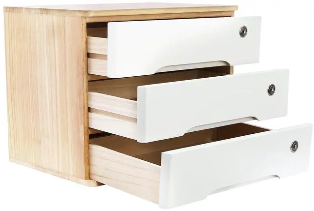 Alt view image 13 of 14 - Wood Desk Organizer with 3 Drawers, Lockable Desktop Countertop Storage Cabinet for Home Office Supplies File Tabletop Organizing Unit, 15.75" x 11.02" x 12.2" (Wood)
