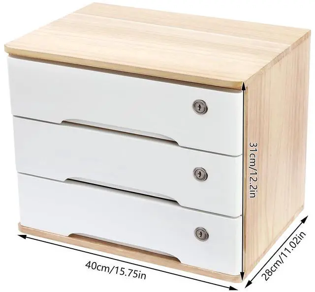 Alt view image 10 of 14 - Wood Desk Organizer with 3 Drawers, Lockable Desktop Countertop Storage Cabinet for Home Office Supplies File Tabletop Organizing Unit, 15.75" x 11.02" x 12.2" (Wood)