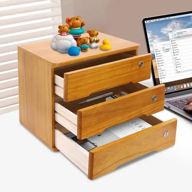 Alt view image 9 of 14 - Wood Desk Organizer with 3 Drawers, Lockable Desktop Countertop Storage Cabinet for Home Office Supplies File Tabletop Organizing Unit, 15.75" x 11.02" x 12.2" (Brown)