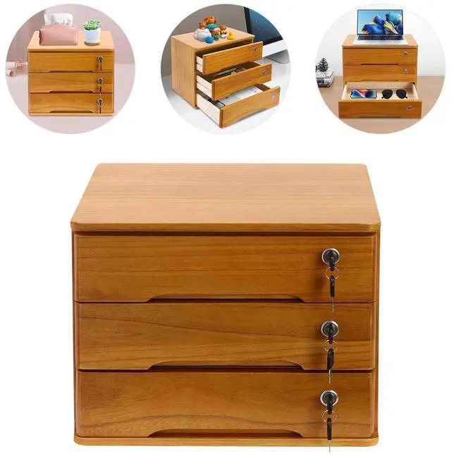 Alt view image 12 of 14 - Wood Desk Organizer with 3 Drawers, Lockable Desktop Countertop Storage Cabinet for Home Office Supplies File Tabletop Organizing Unit, 15.75" x 11.02" x 12.2" (Brown)