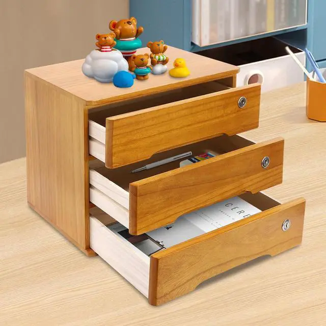 Alt view image 11 of 14 - Wood Desk Organizer with 3 Drawers, Lockable Desktop Countertop Storage Cabinet for Home Office Supplies File Tabletop Organizing Unit, 15.75" x 11.02" x 12.2" (Brown)