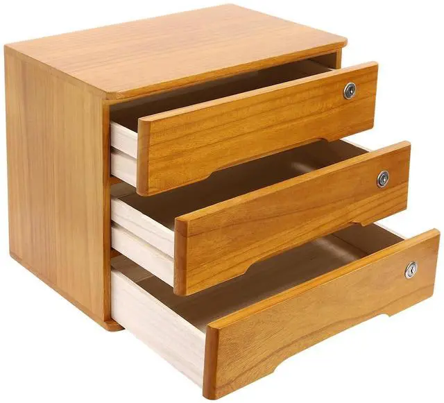 Alt view image 13 of 14 - Wood Desk Organizer with 3 Drawers, Lockable Desktop Countertop Storage Cabinet for Home Office Supplies File Tabletop Organizing Unit, 15.75" x 11.02" x 12.2" (Brown)