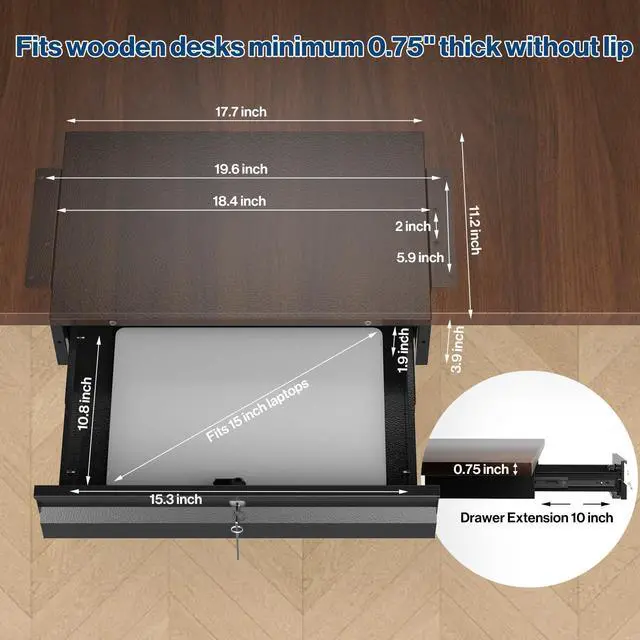 Alt view image 10 of 14 - 17.75" Steel Under Desk Drawer with Lock & Keys - Attachable Desk Drawer with Slide Out Attachment for Wooden Desks & Workstations - Locking Under Table Undermount Drawers for Home Office