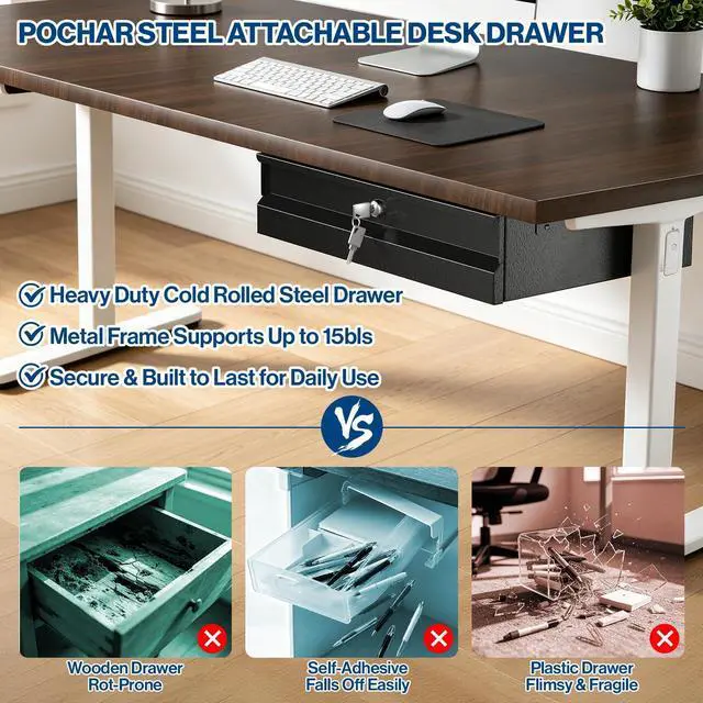 Alt view image 12 of 14 - 17.75" Steel Under Desk Drawer with Lock & Keys - Attachable Desk Drawer with Slide Out Attachment for Wooden Desks & Workstations - Locking Under Table Undermount Drawers for Home Office