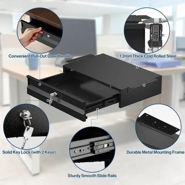 Alt view image 13 of 14 - 17.75" Steel Under Desk Drawer with Lock & Keys - Attachable Desk Drawer with Slide Out Attachment for Wooden Desks & Workstations - Locking Under Table Undermount Drawers for Home Office