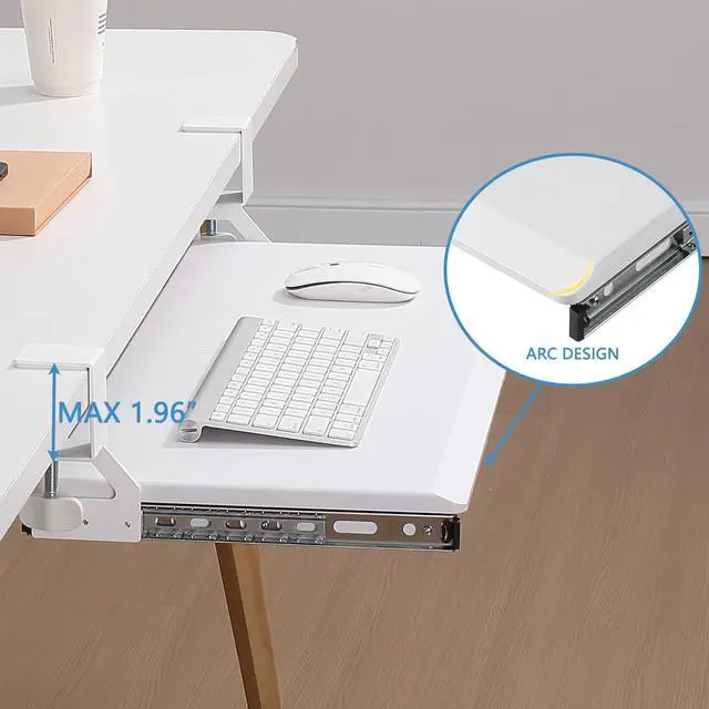 Alt view image 9 of 14 - Under Desk Keyboard Tray - Small Slide Out Keyboard Shelf with C Clamp Mount, 19.7" x 11.8" Ergonomic Pull Out Tray for Home Office Desk, White