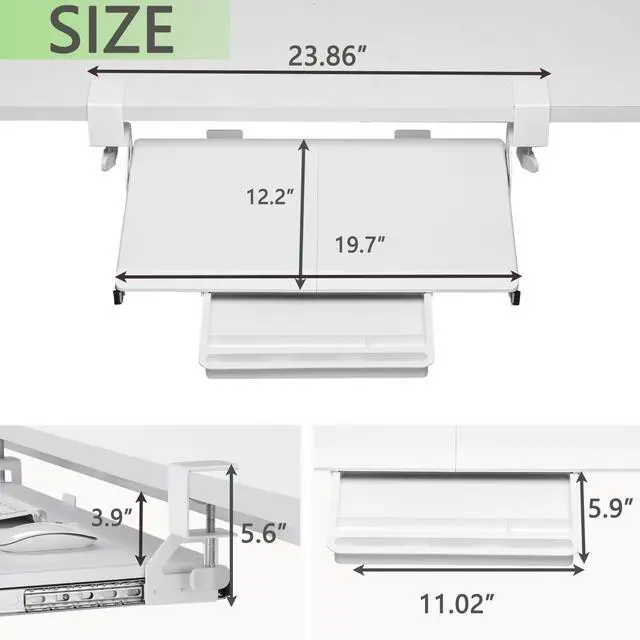Alt view image 11 of 14 - Under Desk Keyboard Tray - Small Slide Out Keyboard Shelf with C Clamp Mount, 19.7" x 11.8" Ergonomic Pull Out Tray for Home Office Desk, White